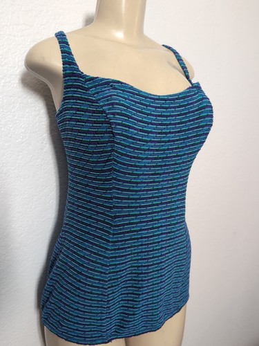 Vintage 60's 70's Jantzen Swimsuit Blue Knit Stripe One Piece Sz 14 - Picture 22 of 22