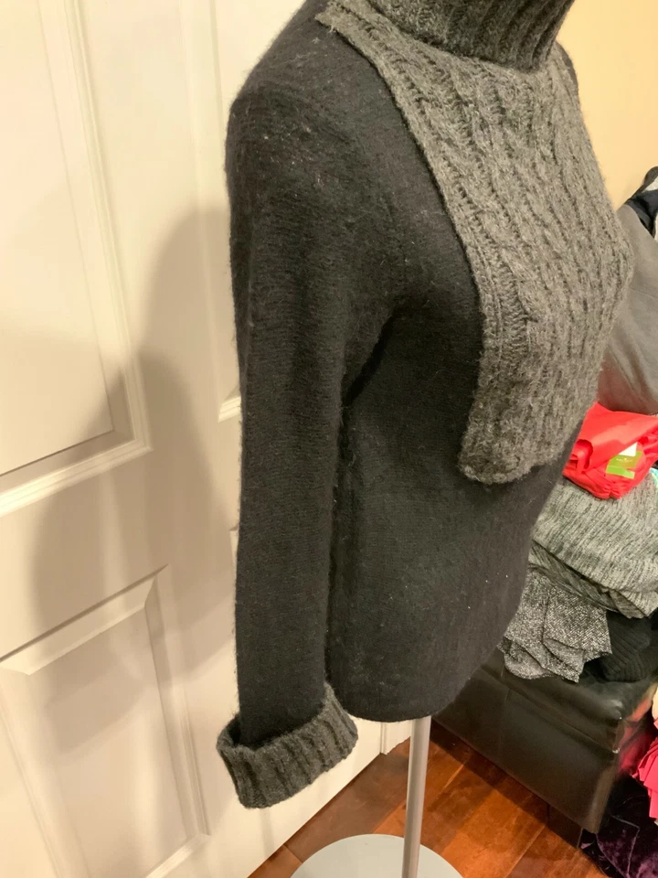 Tory Burch черный шерсти водолазка свитер с серый кабель трикотажа нагрудник, размер XS - Изображение 4 из 4