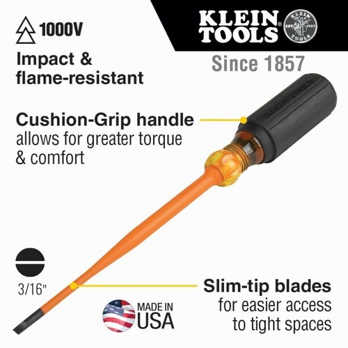 Klein Tool Slim-Tip 1000V Insulated Screwdriver 3/16-Inch Cabinet 6-Inch Shank - Picture 5 of 5