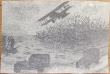 WWI Original Art 1919 Postcard Pencil Sketch Airplane Truck Aviation Battlefield