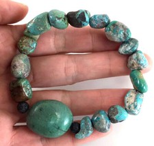 Blue Turquoise Bracelet Rough Nugget Beads Kingman Stretch Healing Gemstone 7"