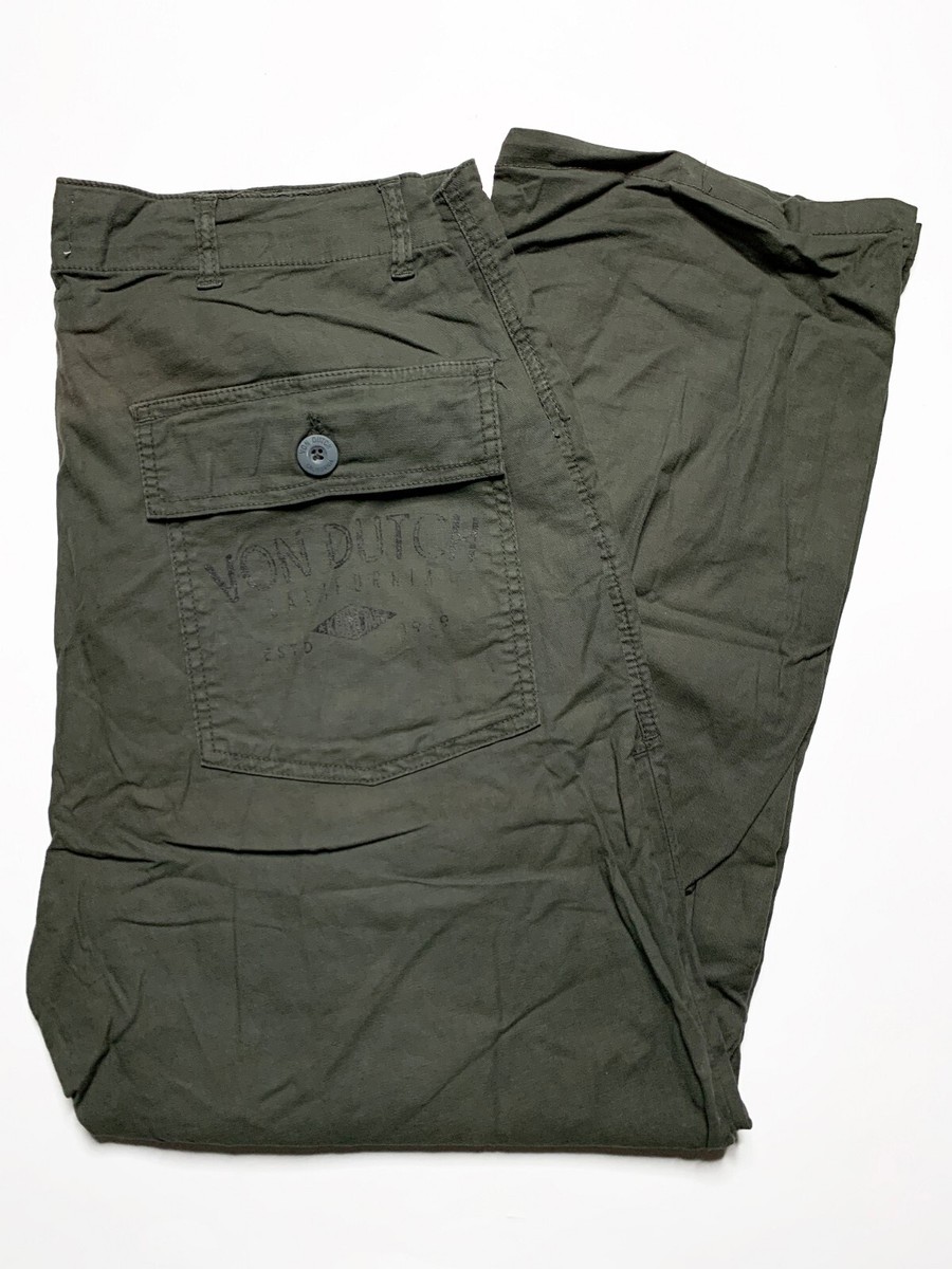 Von Dutch Mens Linen Blend Military Green Cargo Pants High Rise 27\