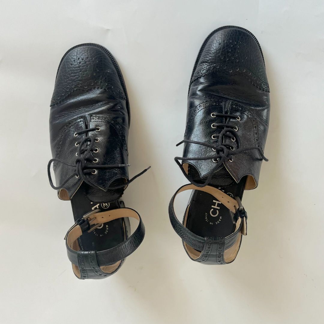 Chanel black leather Oxford lace-up shoes size 385 | eBay