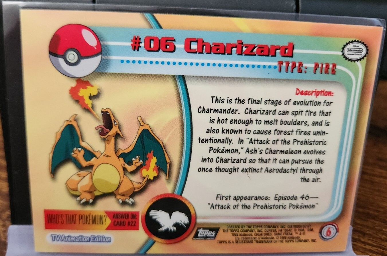 1999 Topps Series 1 TV Animation Edition CHARIZARD #06 Pokemon Character Card-VG - Picture 2 of 2