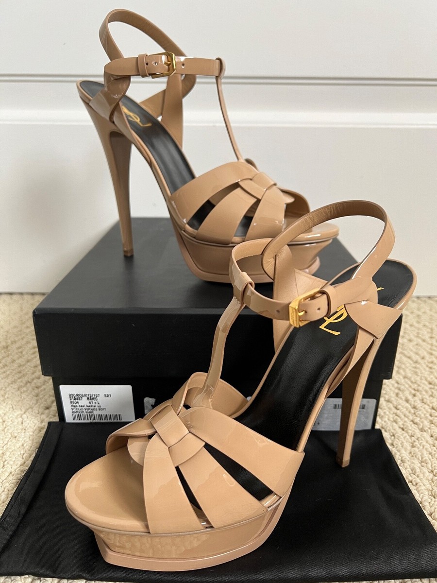 NIB Saint Laurent YSL Tribute Dark Nude Patent Platform Sandals