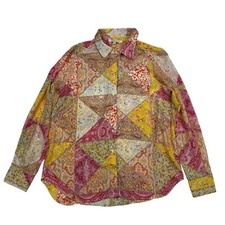 Rose + Olive Multicolor Geometric Paisley Chiffon Button Up Shirt Blouse Sz M