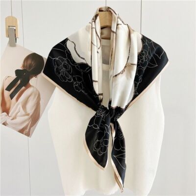 Camellia Print Mulberry Silk Shawl Scarf Square Bandanna Kerchief 35'' Black