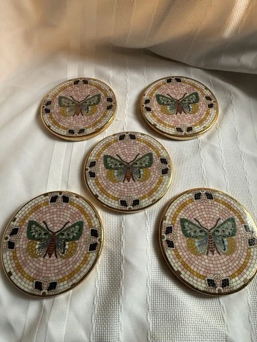 Anthropologie "Bistro Garden Tile" Butterfly Coaster Gold Trim - Set Of 5