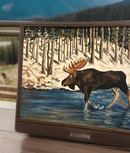 1980s Hand painted Original canvas wall art watercolor - Moose On The Loose - Picture 3 of 4
