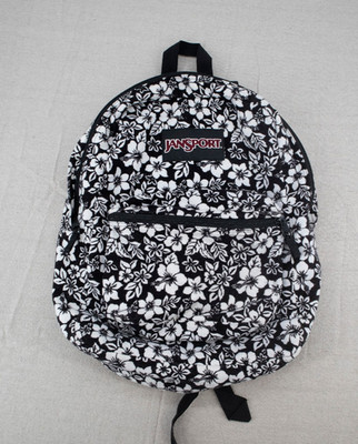 Vtg Jansport Backpack Black Ivory Corduroy Hawaiian Floral Hibiscus 16''X16''  