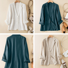 New Women's Casual Two Button Coat Cotton Linen Blazer Business Thin Suit Jacket