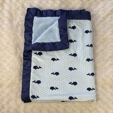 HB Hudson Baby Blue Whales White Polka Dots Blanket Silky Satin Edge Lovey