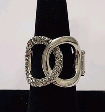 Silver Tone Double Oval Pav  Rhinestone Stretch Ring Size 7  8 Statement
