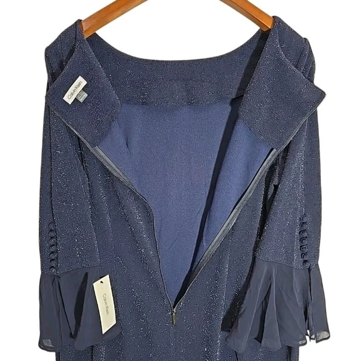 NWT Calvin Klein Sparkly Navy Sheath Dress 16W Sheer Bell Sleeves Holiday Event - Image 4 of 4