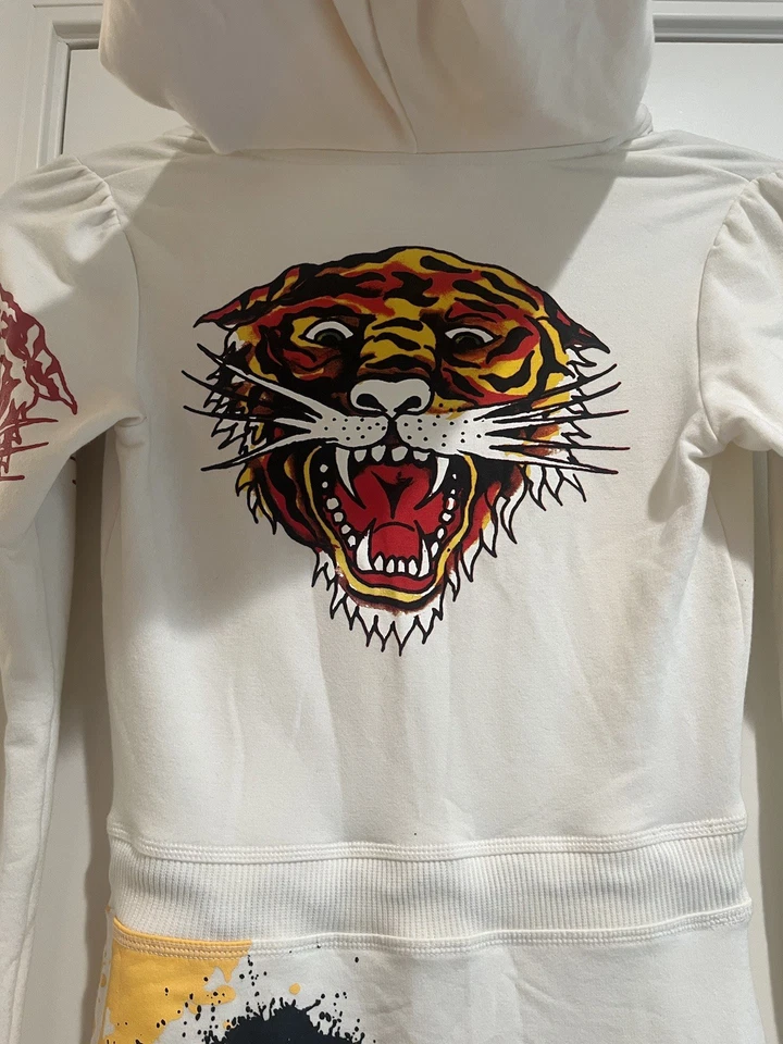 Vestido con capucha para mujer Ed Hardy Tiger Y2K talla pequeña color blanco crema Foto 2 de 4