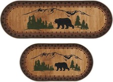 2 Pcs Bear Non Skid Rug Rustic Lodge Theme Area with and Cub Scene...