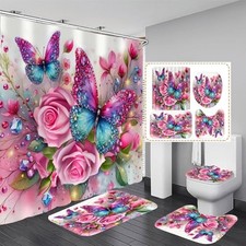 4Pcs Pink Glitter Floral Shower Curtain Set Rose Bathroom Sets Butterfly Red