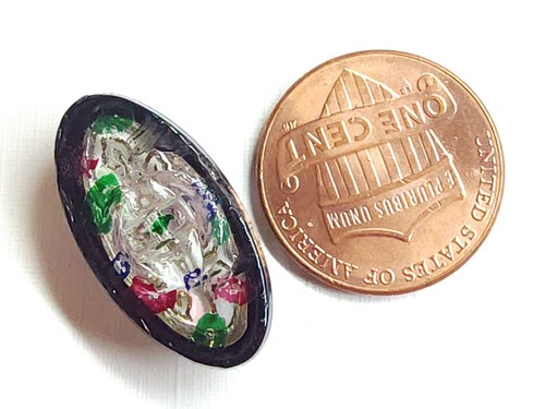 Vintage Oval Clear Glass Button w/ Incised Flower Picture & Black Border ~ 7/8" - Picture 7 of 7