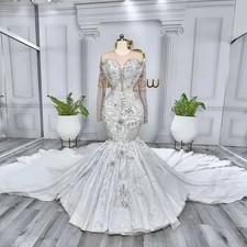 Crystal Beads Mermaid Wedding Dress Sheer Neck Long Sleeves Bridal Gowns Formal