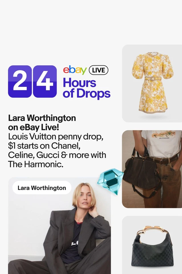 Lara Worthington on eBay Live! Louis Vuitton penny drop, $1 starts on Chanel, Celine, Gucci & more.