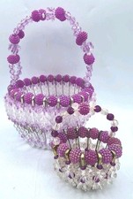 Tramp Art Safety Pin Beaded Baskets 2pc Purple Clear Irredescent Beads 8" 4"