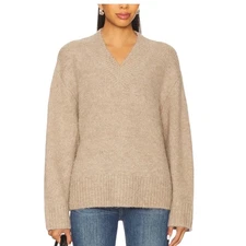 Aerie Oversized V Neck Fuzzy Sweater Tan Small S/P Cozy Knit Pullover Size S