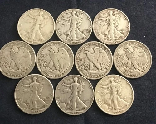 walking liberty half dollars, 10 coins in good condition, 7 lots available