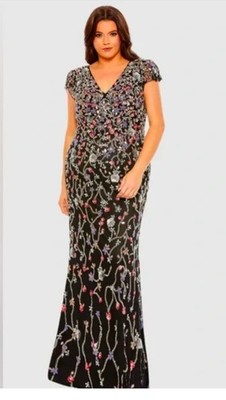 Mac Duggal 5751 Beaded Cap Sleeve Column Gown Plus Sz 16 Black Multi $598