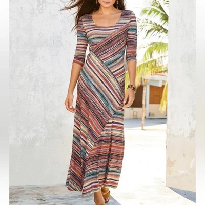 Peruvian Connection Oristano Dress Small Multicolor Stripe Asymmetrical Maxi
