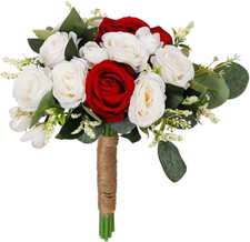 Wedding Rose Bouquet Bridesmaid Flower Bouquets, Artificial Flower Red White Ros