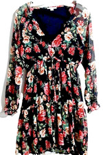 American Eagle Women's Small Floral Sheer Over Black Dress with Flow Long Sleeve