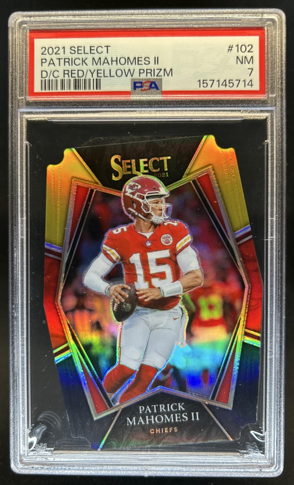 2021 Select Patrick Mahomes II Red and Yellow Prizm Die Cut Premier #102 PSA 7 view 1