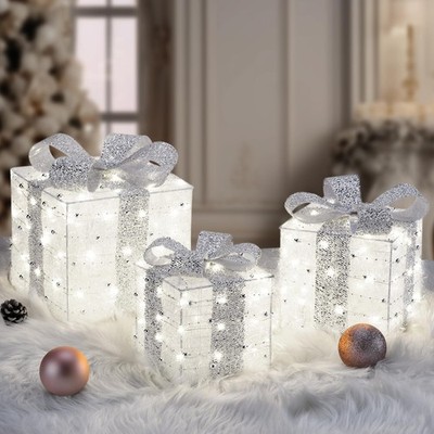 Christmas Lighted Gift Boxes, 140 LEDs Light Up Presents Silver 