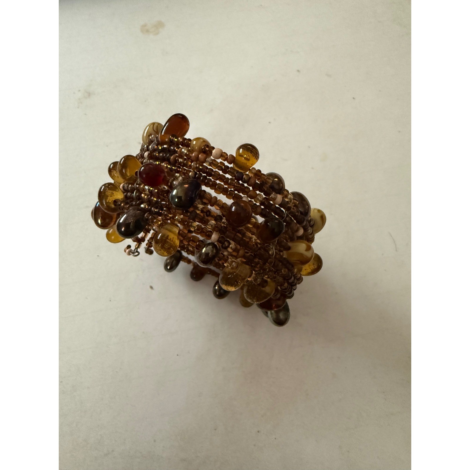 Boho Brown Amber Beaded Memory Wire Wrap Bracelet Multi Strand Earthy Dangle
