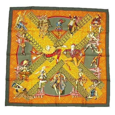 HERMES Carre 90 Scarf LES BALLETS RUSSES Silk 100% Khaki Orange