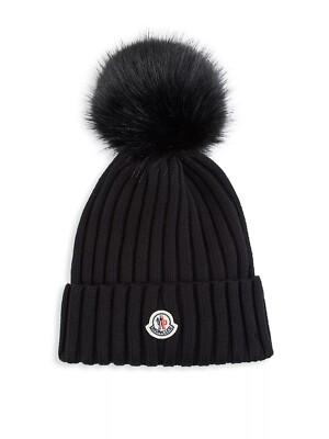 MONCLER Authentic Mainline Rib-Knit pom pom Beanie Logo Winter Hat NEW 