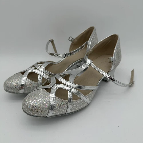 Silver Glitter Womens Dance Shoes Size 8.5 With Low Heel & Ankle Strap