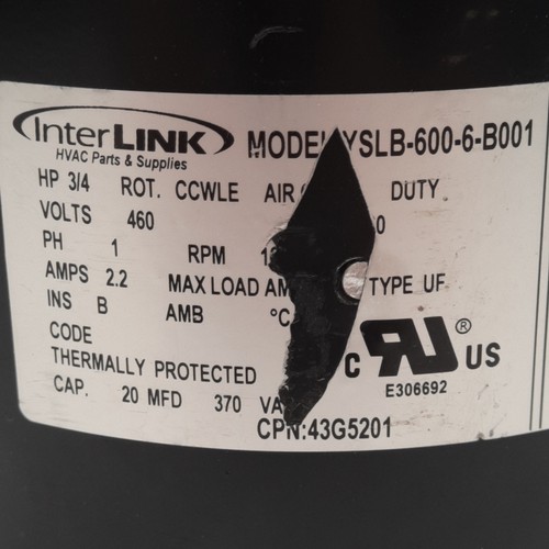 Lennox 43G502 PSC Blower Motor 460VAC, 3/4HP, 1075RPM, ø1/2in Shaft, NEMA 48 - Picture 2 of 5