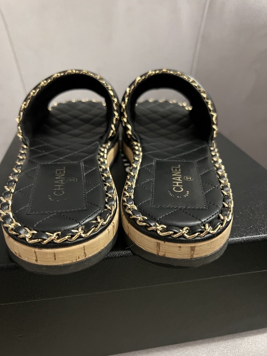 靴 CHANEL Mules Sandals Gold Chain T-Strap CHANEL SANDALS MULES SHOES BLACK-LEATHER WITH GOLD CHAIN