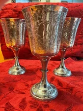 Vintage Set Of 6 Chalice Goblets Silver Plate Brass Etched World Gift Z.Y.India