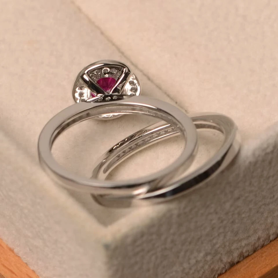 925 Sterling Silver Pink Ruby Stack Ring Round Lab Created Gemstone Women Ring - Image 4 of 4