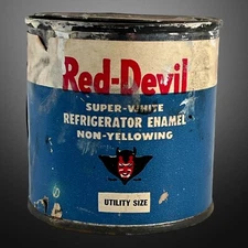 Vintage Red Devil Refrigerator  Enamel  Paper Label Little Big Devil Pint