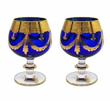Interglass Italy Set of 2 Crystal Blue Cognac Snifters DOF glasses, 24K Gold