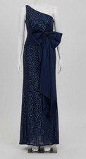 Eliza J Women's Blue Sequins Satin-Bow Pleated One-Shoulder Gown Dress Size 8