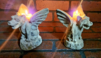 Winged Gargoyle Cement Stone Gray Pillar Candle Holder Gothic