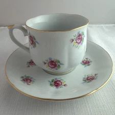 FTD Floral Teacup Tea Cup & Saucer Pink Roses Gold Trim Korea 1980s