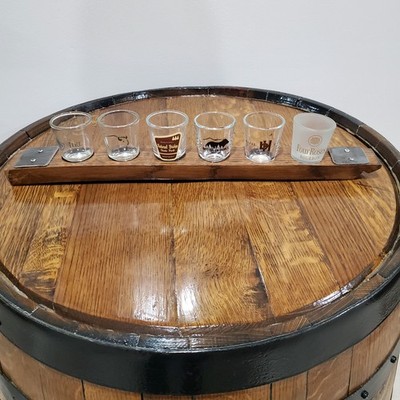 Whiskey Barrel Stave Shot Glass Oak Flight board. holds 6 shot glasses Handmade 
