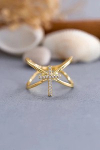 Authentic Round Cut Lab-Created Diamond Cross Wedding Band Ring 14k Yellow Gold Plated