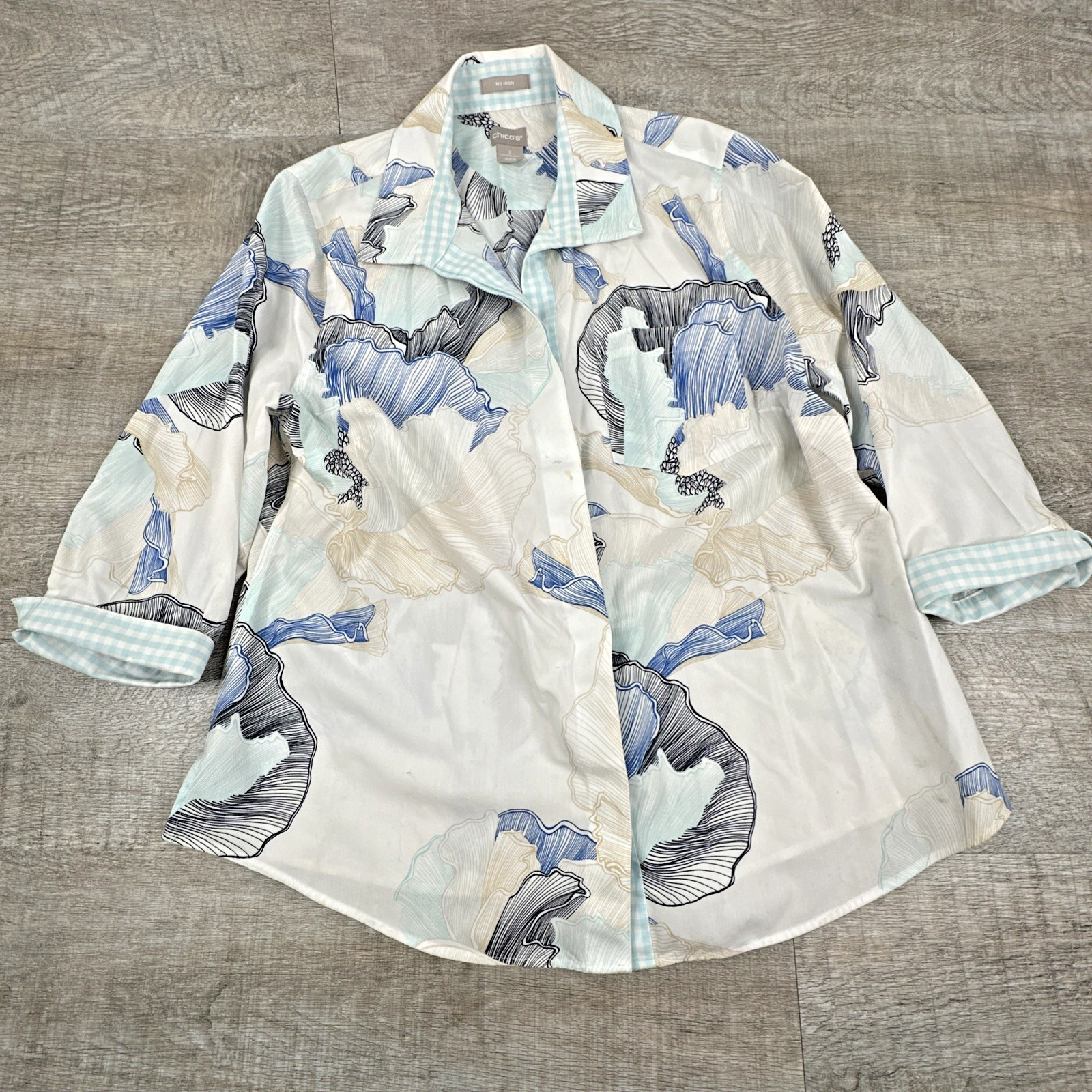 Chico’s Women’s Size 2 L/12 Blue Abstract Art Print Button Up Shirt Blouse