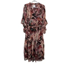 Misa Los Angeles Marcele Floral Midi Ruffle Trim Dress Size M Multicolor Chiffon